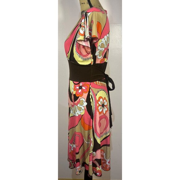 VTG Y2K midi Dress Sz M Babydoll Boho Funky Psychedelic Print Flutter Sleeves - Picture 4 of 11